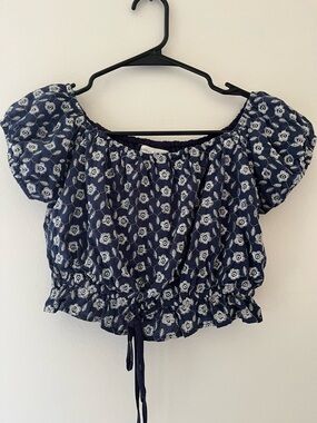 Honey Punch Navy Blue Floral Off-Shoulder Crop Top
